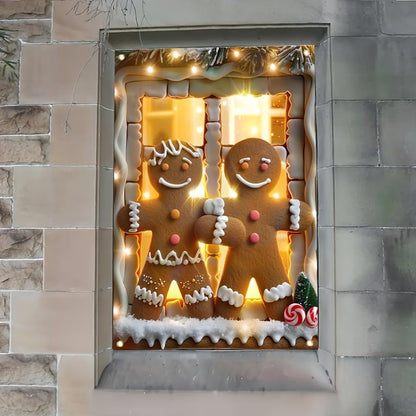 Tomhong Gingerbread Couple Christmas Window Banner 31x47 Inch Holiday Decoration Snowy Scene with Garland for Indoor Outdoor Home Wall or Window Display Cozy Christmas Decor