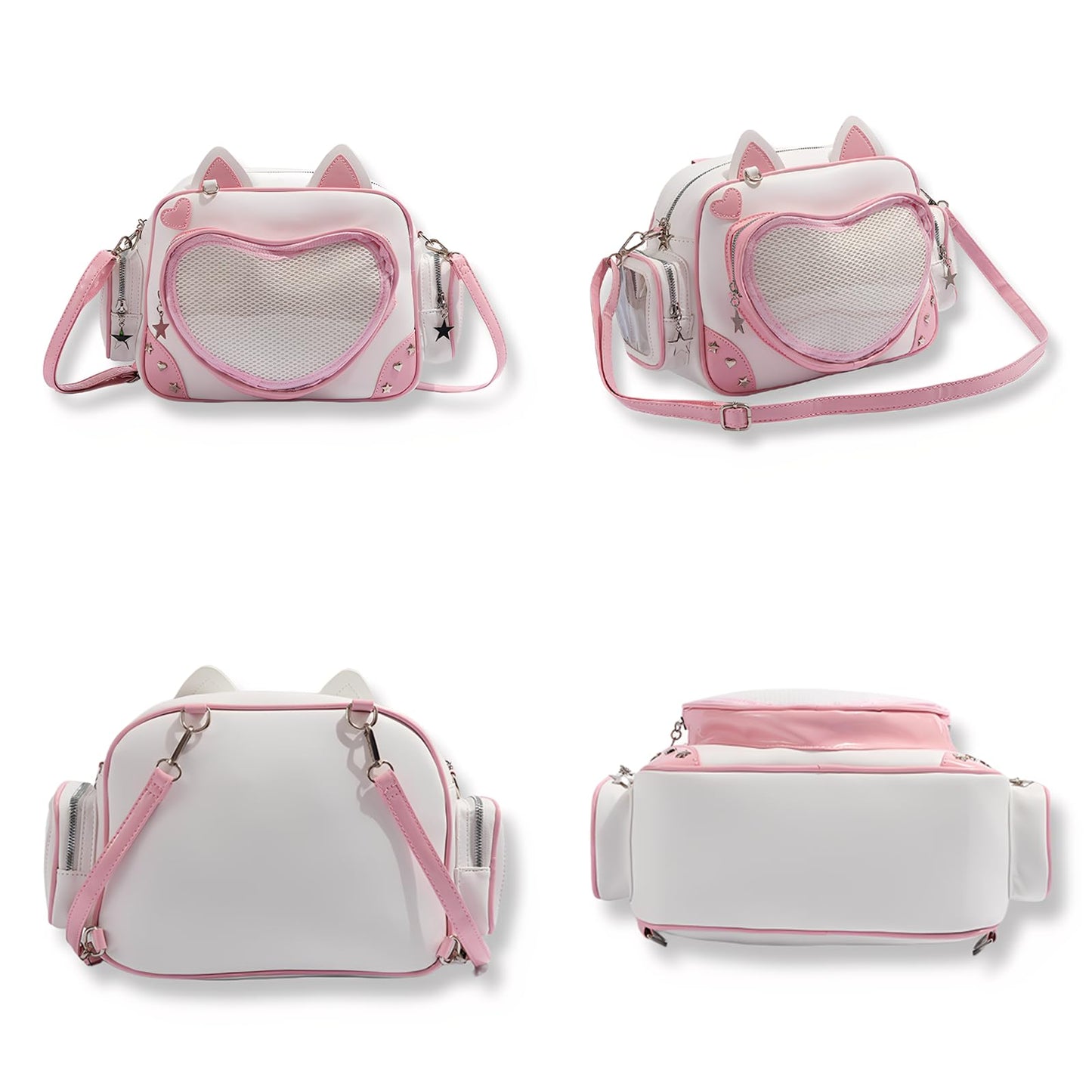 SUSTRALO Pink Cat Ita Bag Backpack with Insert, Kawaii Heart Clear Window Pin Display Backpack, Convertible PU Leather Ita Shoulder Crossbody Bag for Anime Collection