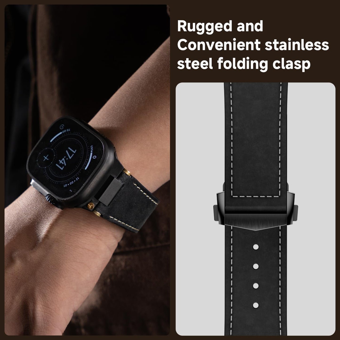 Unfettered Genuine Leather Band for Apple Watch Ultra 3/2, 49mm 46mm 45mm 44mm 42mm, Men's Vintage Full-Grain Replacement Black Strap with Folding Clasp & Metal Connector, Compatible with Series 11–1 SE