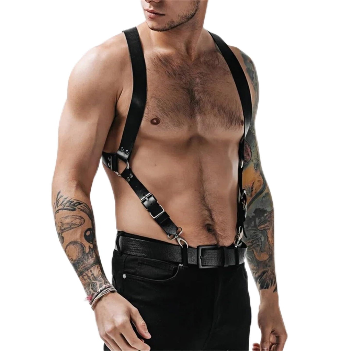 Mens Punk PU Leather Harness Adjustable Chest Body Belt with Buckles Rings Chain Design Adult Roleplay Outfit Clubwear Valentine's Day Festival Party Costume Gift for Men Adults