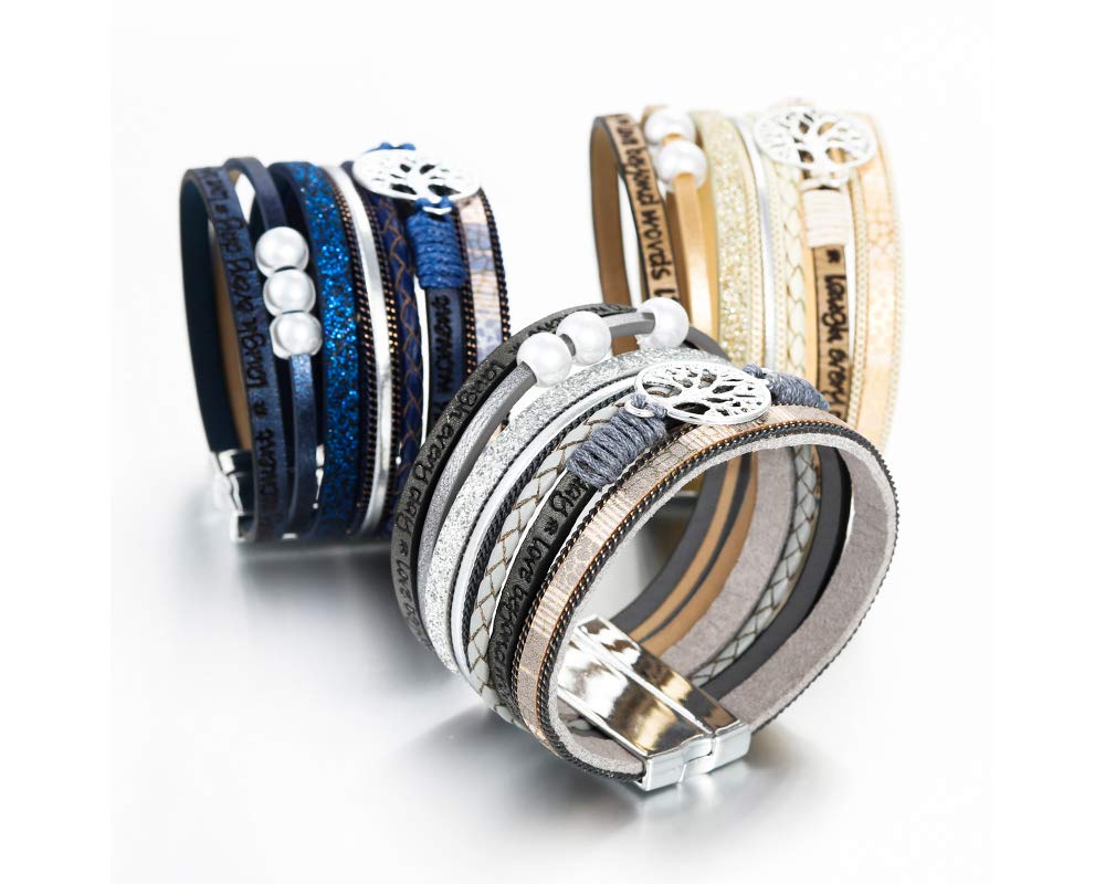 Fesciory Leather Wrap Bracelets for Women, Boho Leopard Multi-Layer Crystal Beads Cuff Bracelet Jewelry (Tree of Life(Blue))