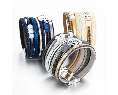 Fesciory Leather Wrap Bracelets for Women, Boho Leopard Multi-Layer Crystal Beads Cuff Bracelet Jewelry (Tree of Life(Blue))