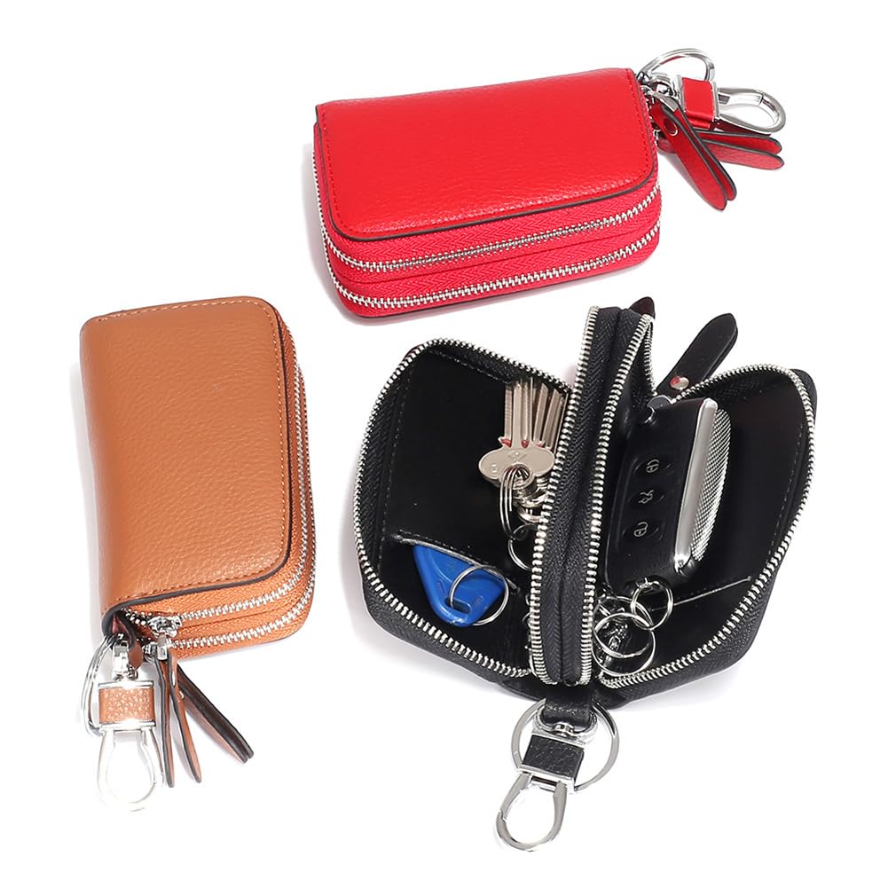 Berfi Life Key Fob Case Genuine Leather, Double Zipper Car Key Holder & Key Wallet with Keychain, Key Pouch for Purse Gift