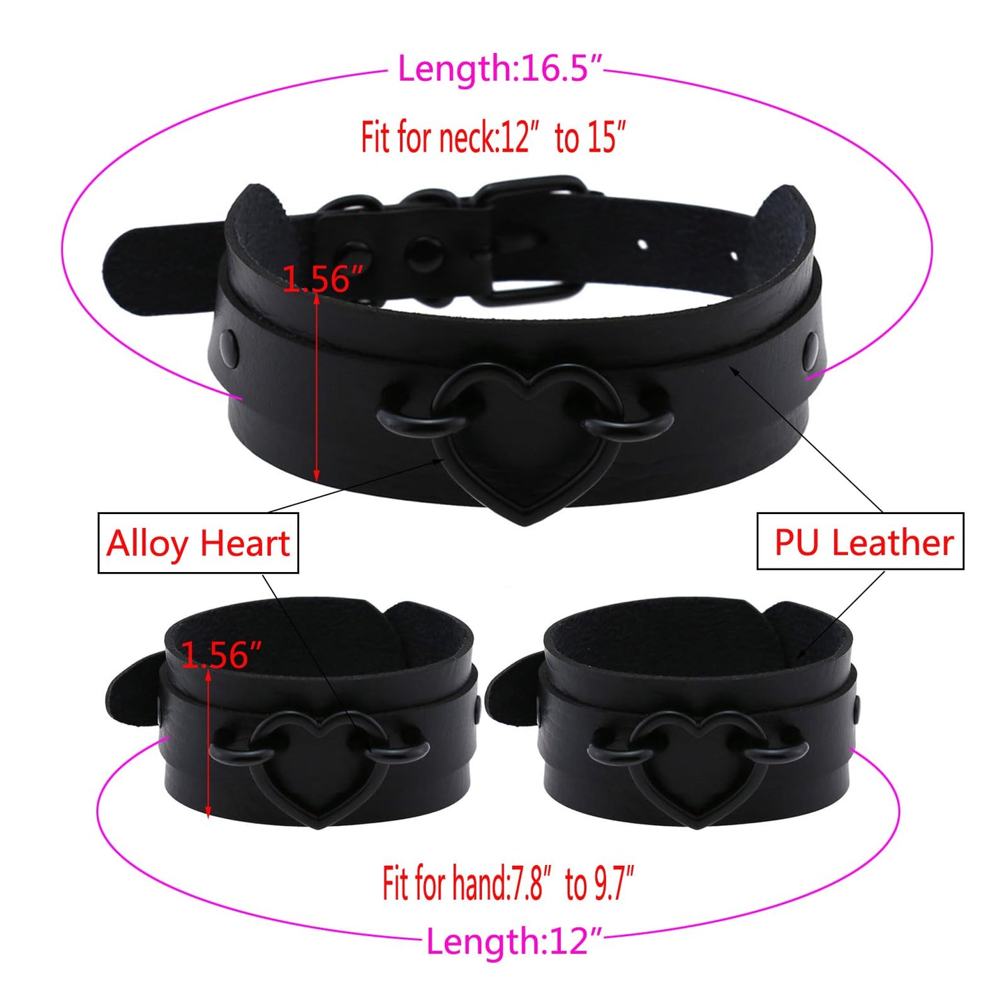 Tosmifairy 3Pcs Leather Choker Collar Set,Heart Necklace + Wide Wrist Bracelets Combo Punk Gothic Cosplay Jewelry Gift for Women,Black-All