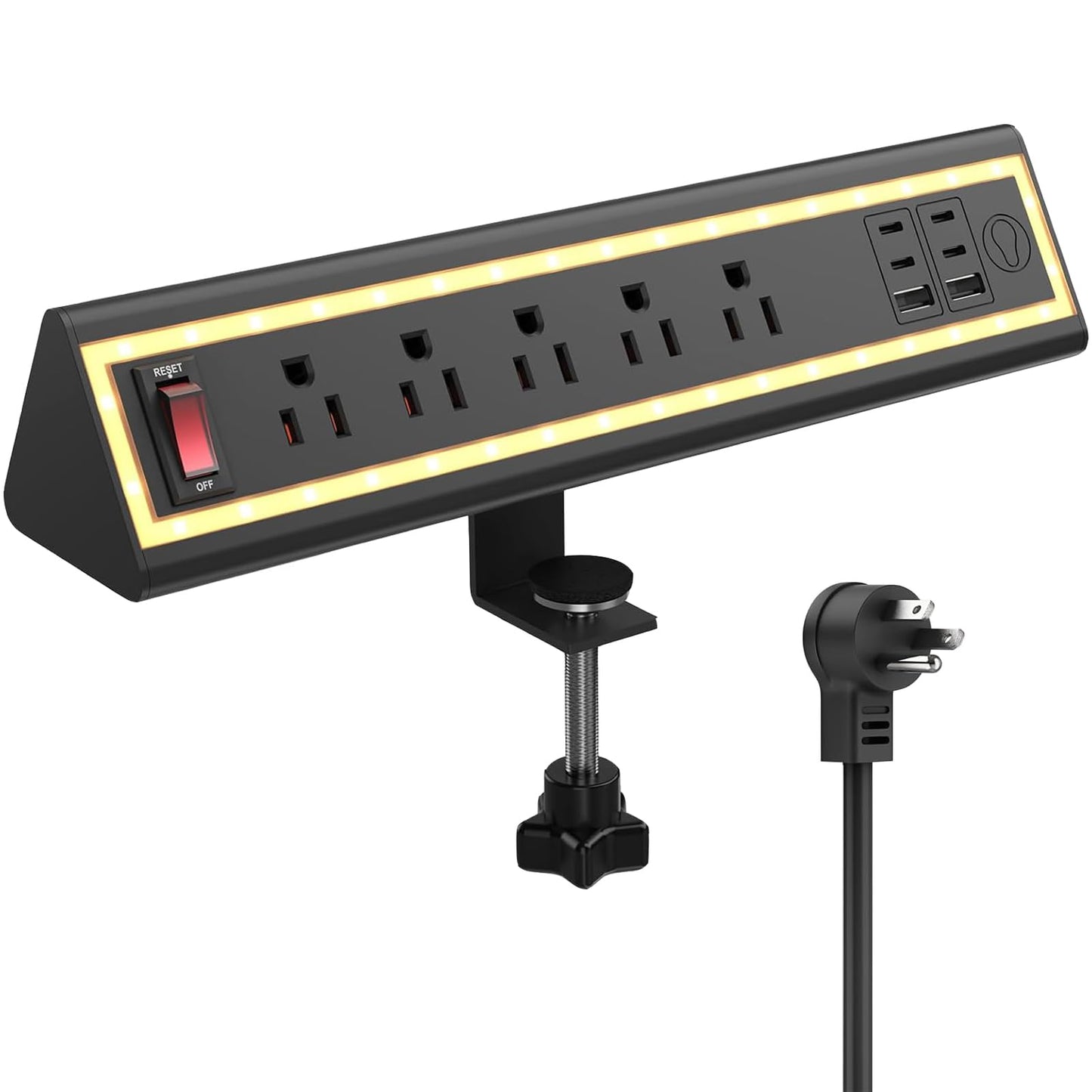 NYYTGE Desk Clamp Power Strip with Nightlight, 40W Fast Charging, 6FT Extension Cord, 4x20W USB-C & 2 USB Ports, 5 AC Outlets, Fits 1.69-Inch Table Edges