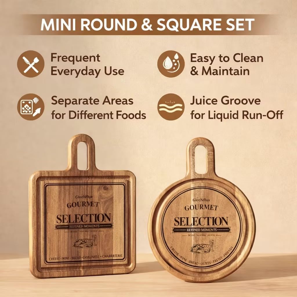GleeNflux Mini Charcuterie Board Set with Handle, 2-Piece Small Acacia Wood Serving Tray & Wooden Cutting Board for Cheese, Fruit, Appetizers & Entertaining Gift