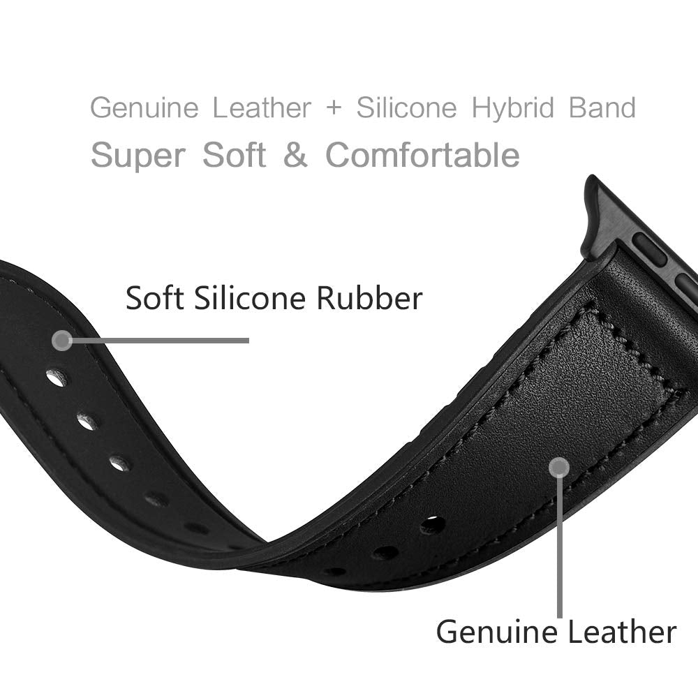 OUHENG Leather Bands Compatible with Apple Watch Band 49mm/46mm/45mm/44mm/42mm, Leather Rubber Hybrid Strap for iWatch Ultra 3/2/1 Series 11 10 9 8 7 6 5 4 3 2 1 SE 3/2/1, Black/Black