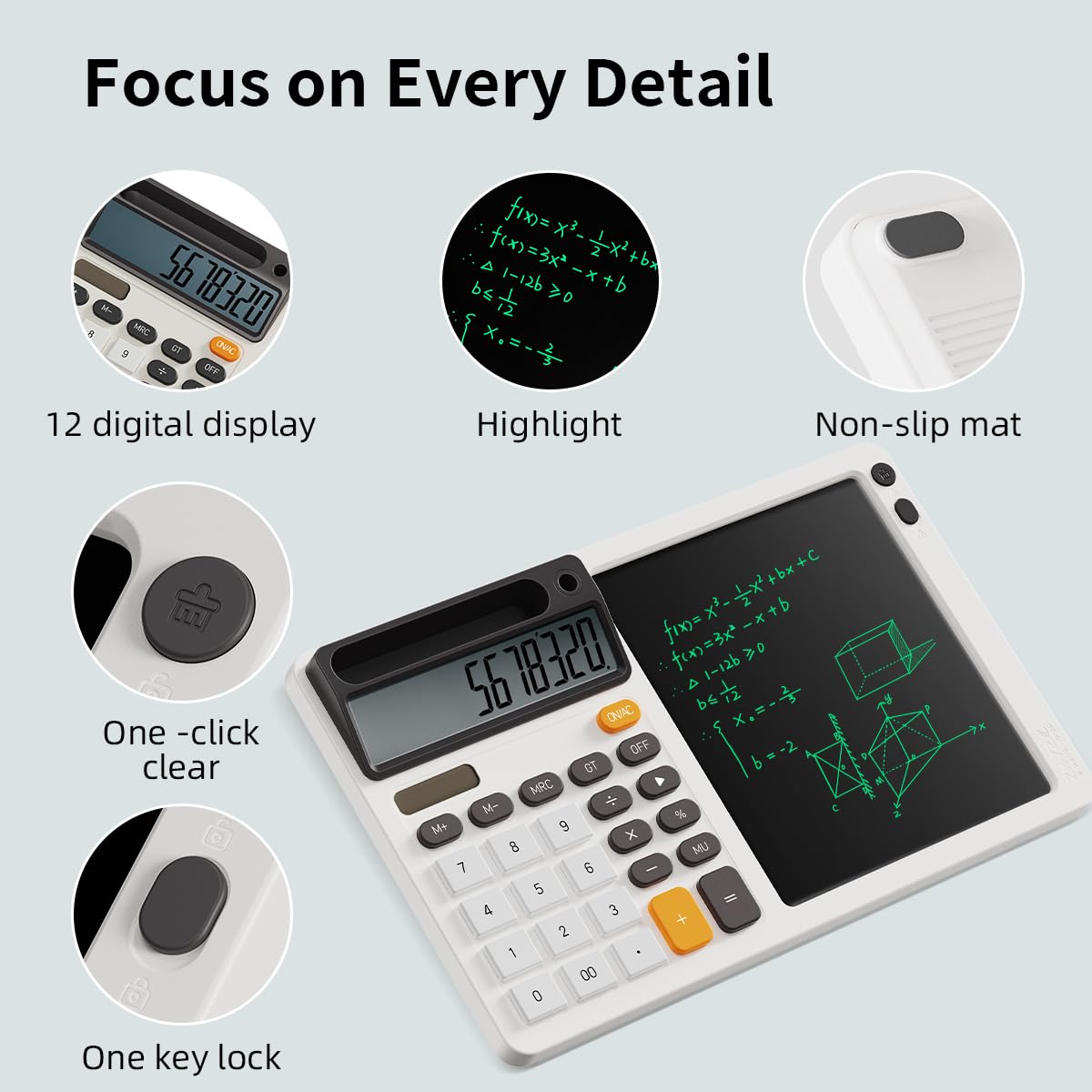 DPEDUAI Solar Desk Calculator with 7.5 inc LCD Writing Membrane, 15° Tilt for Easy Reading, Integrated Phone Stand, Voice & Silent Modes, Anti-Slip Pads for Stability, Ideal for Office & Study Use