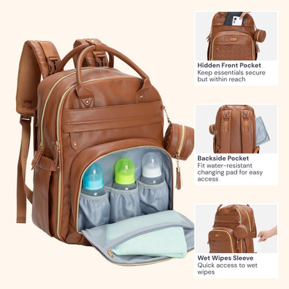 BabbleRoo Leather Diaper Bag Backpack - Baby Essentials Travel Baby Bag, Multi function, Water Resistant, with Changing Pad, Stroller Straps & Pacifier Case – Unisex, Natural Brown