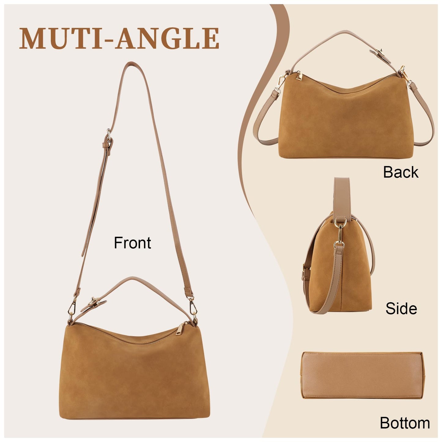 Leather Suede Tote Bags for Women, Brown Suede Purse Handbag Retro Top Handle Bag with Adjustable Strap, Hobo Crossbody Bag Crescent Satchels Shoulder Bag (Brown)