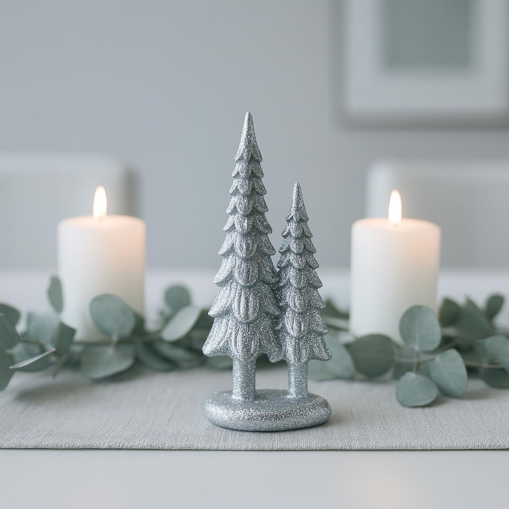 iStatue Sparkle Pine Trees, 7" Resin Tabletop Figurine Double Glitter Trees on One Base Indoor Christmas Decoration, Modern Mantel/Bookshelf Décor (Silver)