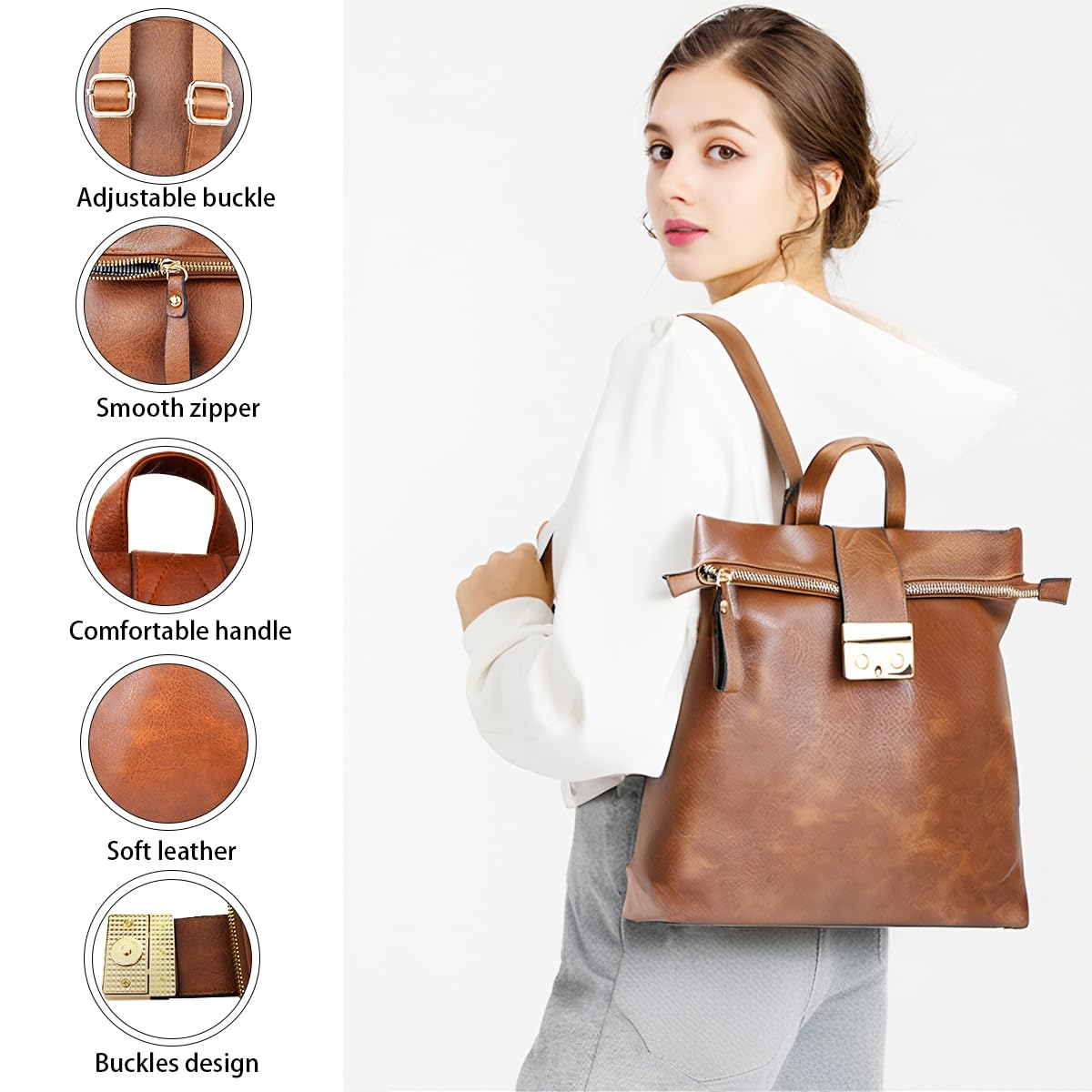 LA DEARCHUU Leather Backpack for Women Fashion Backpack Purse Lightweight Handbags Travel Shoulder Handbag Brown