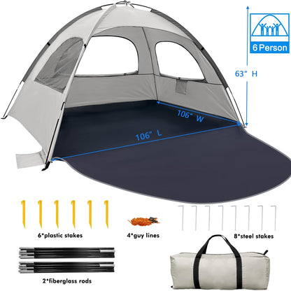 WhiteFang Beach Tent Anti-UV Portable Sun Shade Shelter for 6 Person, Extendable Floor with 3 Ventilating Mesh Windows Plus Carrying Bag, Stakes and Guy Lines (Baby's Breath)