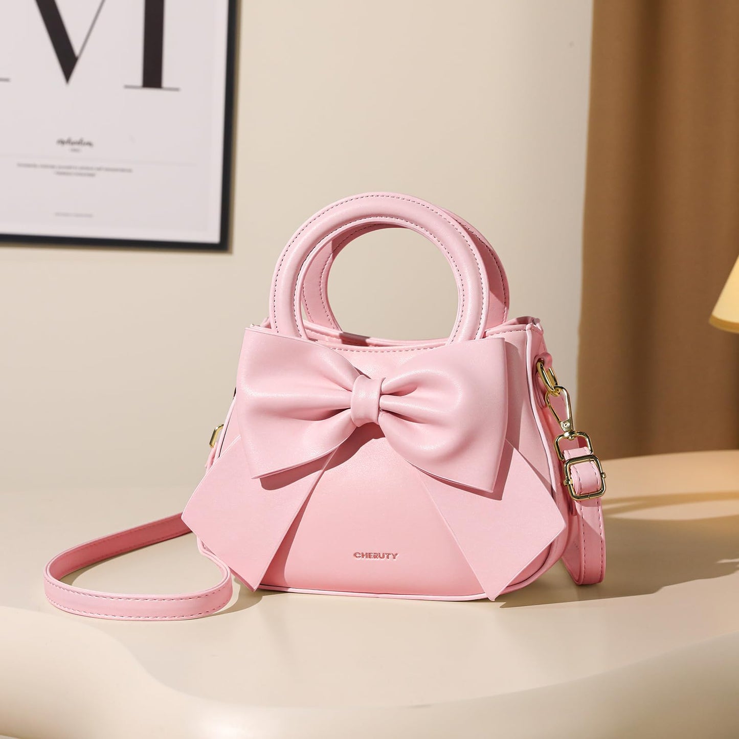 Small Purses for Women Crossbody Bag, Vegan Leather Crossbody Purses and Handbags with Top Carry Handle and Cute Bow Knot(Pink)