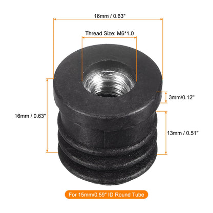 uxcell 12Pcs Black Plastic Round Inserts for 15mm/0.59" ID Round Tube, M6 Thread, Furniture Leg Plugs