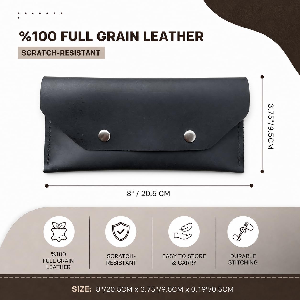 ZEMARS Genuine Leather Cash Envelope Wallet, Two Snap Money Pouch for Men and Women, Reusable Budget Envelope Wallet, Slim Organizer for Cash, Cards, Receipts, Checks and Keys (Black)