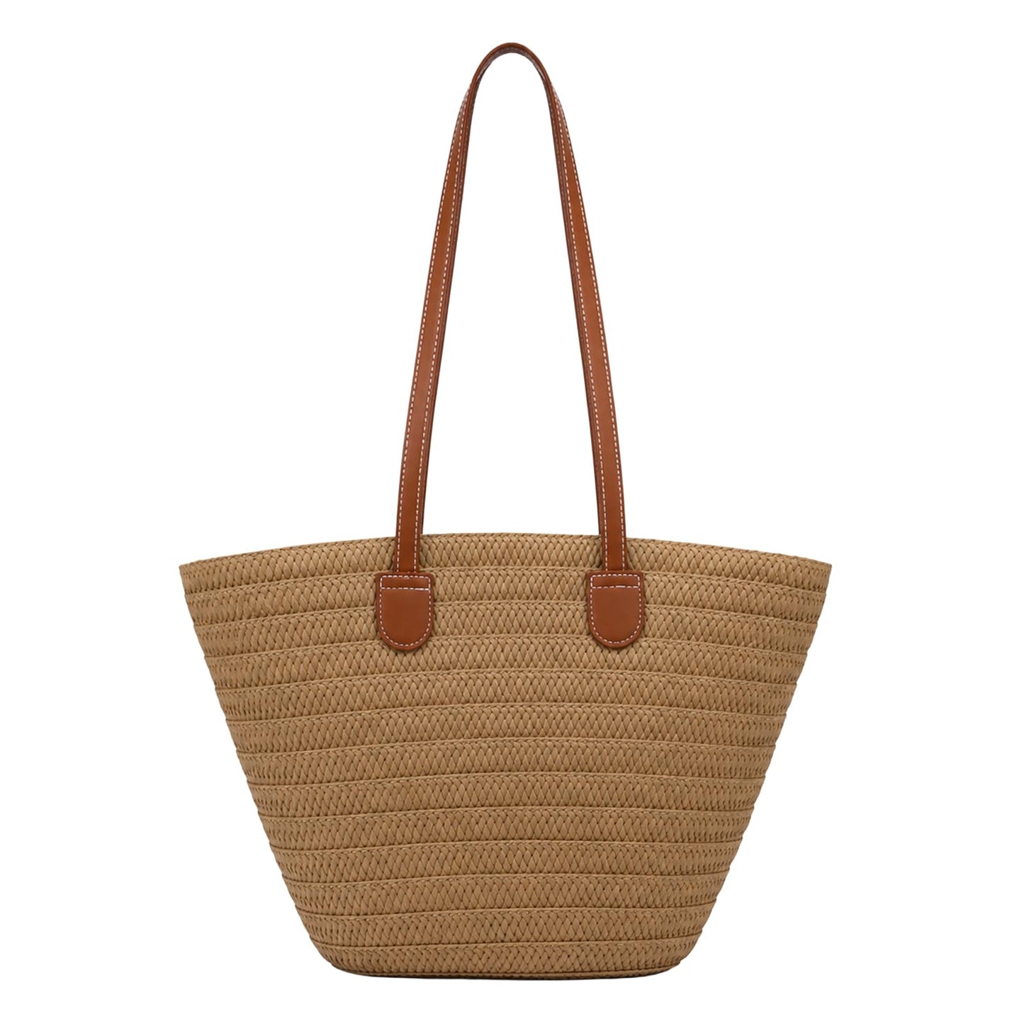 OKoriensuntek Straw Tote Bag for Women, Large Woven Beach Bag with Leather Shoulder Straps, Zippered Summer Tote Bag for Beach, Travel, Everyday Use，Brown