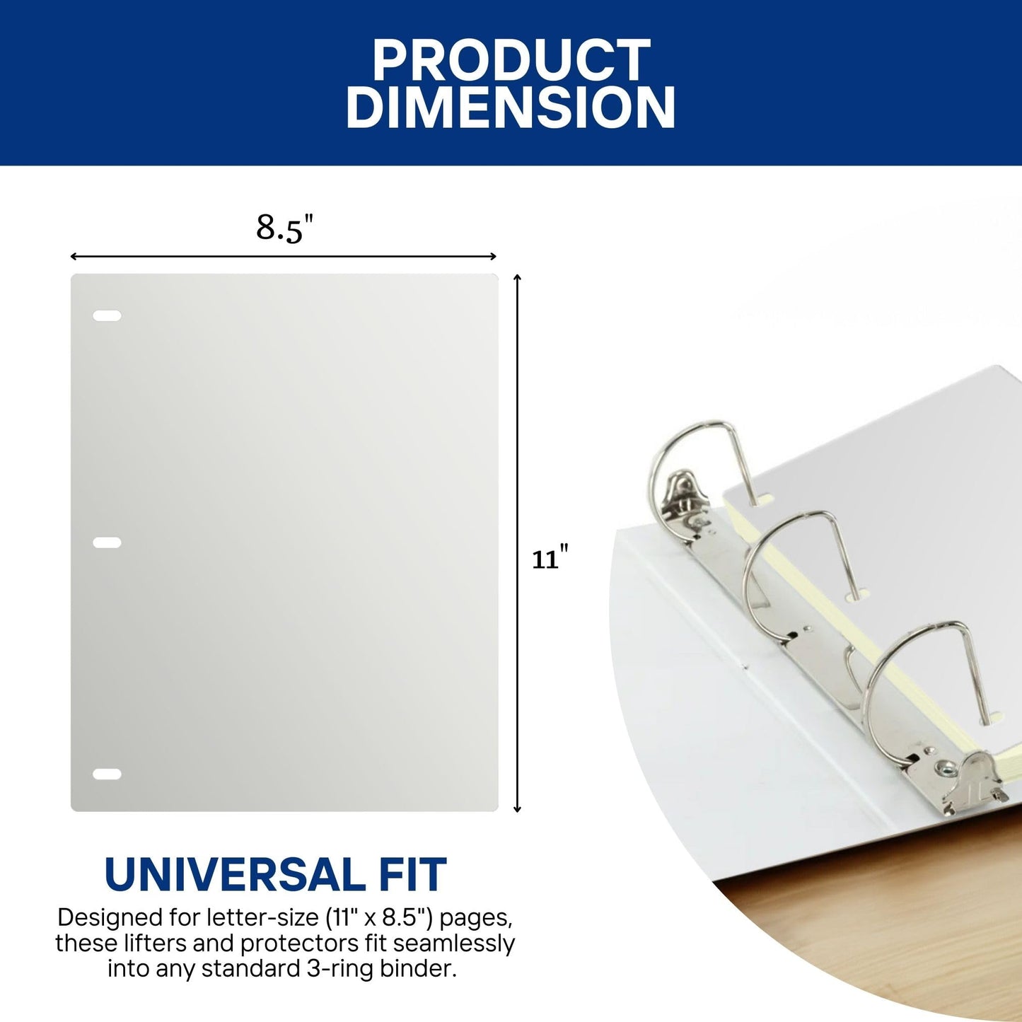 Full Page Flat Sheet Lifters, Letter Size 11 X 8.5 Inch, 3-Hole Binder Separators 4-1/4" Hole Spacing, Natural White (10 Pack)