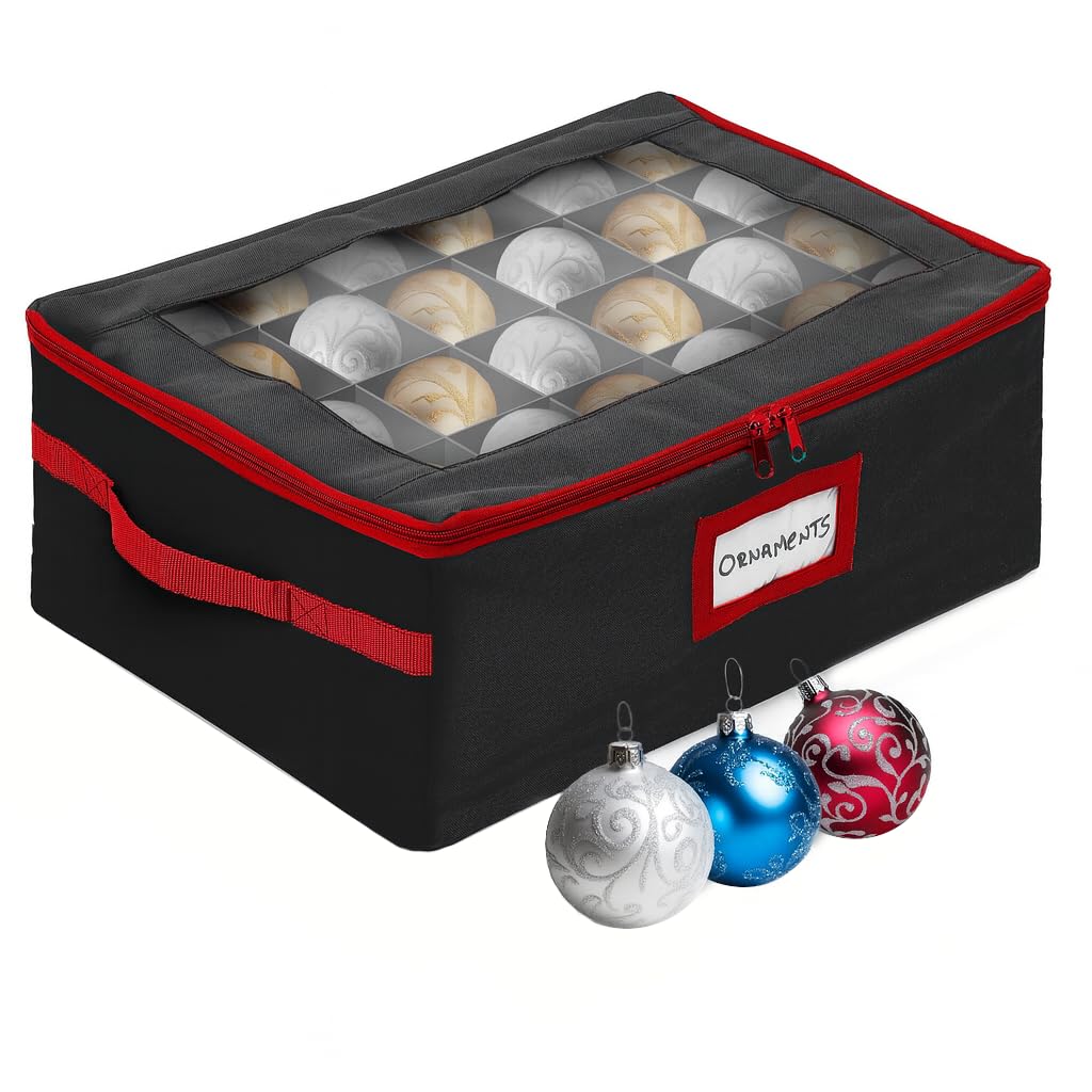 HOLDN’ STORAGE Christmas Ornament Storage Box with Dividers - Fits 48-3” Ornaments, 2 Removable Trays, Durable & Space-Saving, Clear Top Lid, Fits Underbed, Charcoal