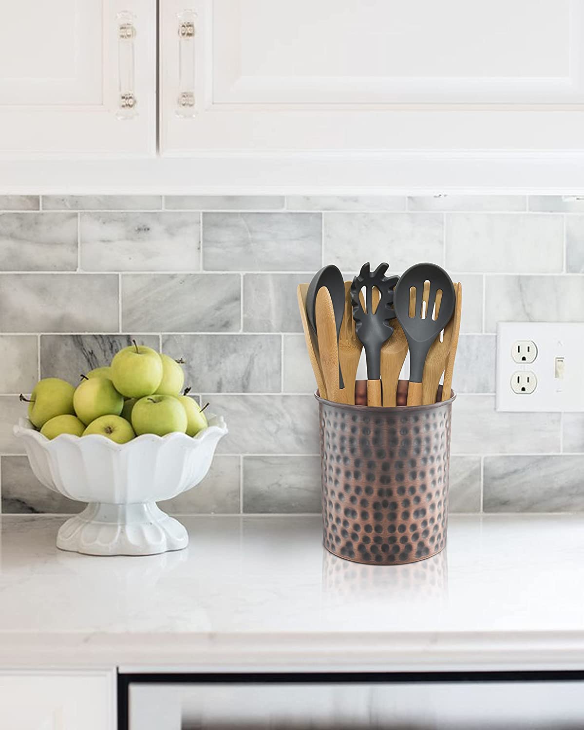 Monarch Abode Kitchen Utensil Holder – Hand Hammered Metal Antique Copper Utensil Holder, Decorative Utensil Crock for Kitchen Counter, Cooking Tool and Spatula Holder for Countertop, Caddy Organizer