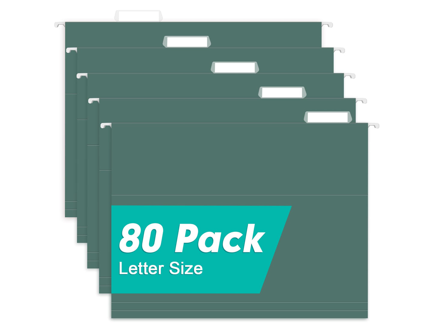 HERKKA Hanging File Folders, 80 Pack Reinforced Letter Size Hanging Folders with Heavy Duty 0 Inch Expansion, Designed for Bulky Files, Medical Charts, 1/5-Cut Adjustable Tabs, Green