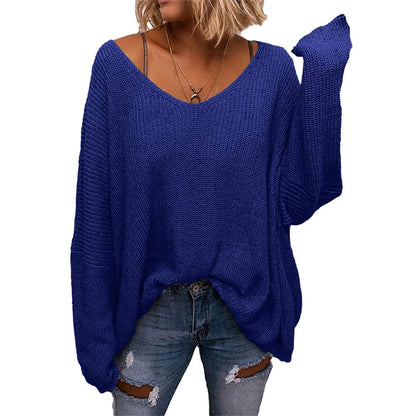 BZB Women's V Neck Long Sleeve Knit Loose Oversized Pullover Sweater Top