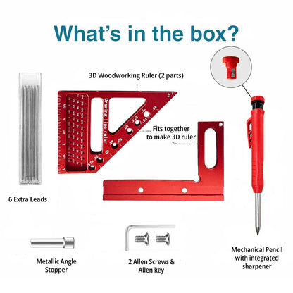 4.7＂Mini 3D Multi-Angle Measuring Square Ruler, QWTR1 High Precision Hole Scribing Woodworking Tools, 22.5°-90° Aluminum Alloy Carpenter Square with Angle Pin, Carpenter Pencil with Sharpener 6 Leads