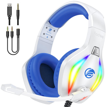 Fachixy FC100 Gaming Headset with Microphone for PS4, PS5, Switch, Xbox, Mac, PC Gaming Headphones with Mic, Gamer Headset with RGB Light - White-Blue