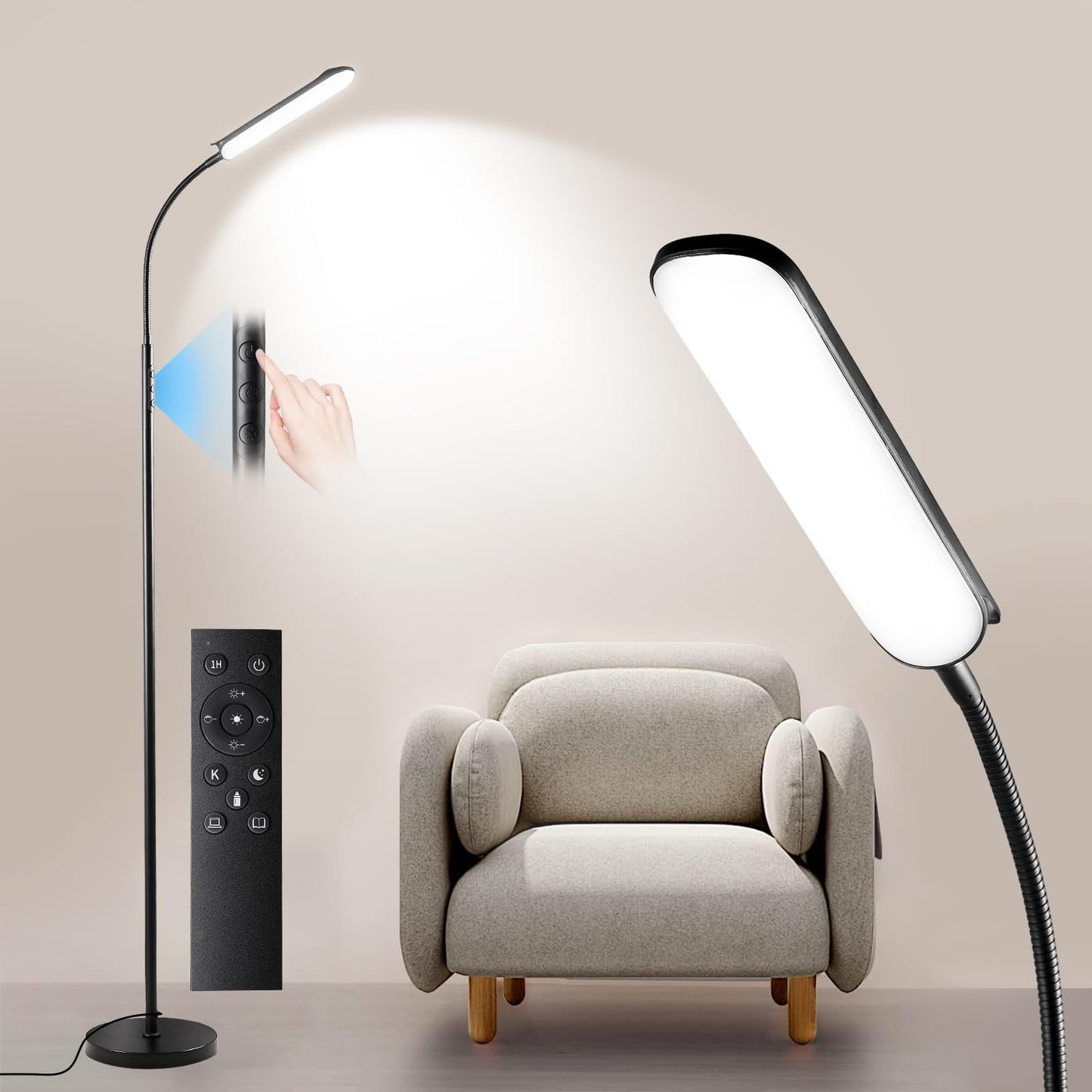 Yikuneng Dimmable LED Floor Lamp, Super Bright Reading Lamps Floor Standing lamp with Remote & Touch Control, Stepless Dimming & 2700K-6500K Color Temperature, for Living Room Bedroom Office, Black