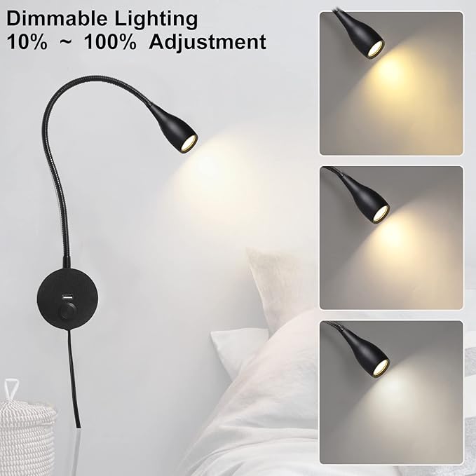 Dimmable Bedside Plug in Reading Light, Minimalist LED Bed Reading Lamp Headboard Wall Surface Mount Sconce with USB Charger (Matte Black)