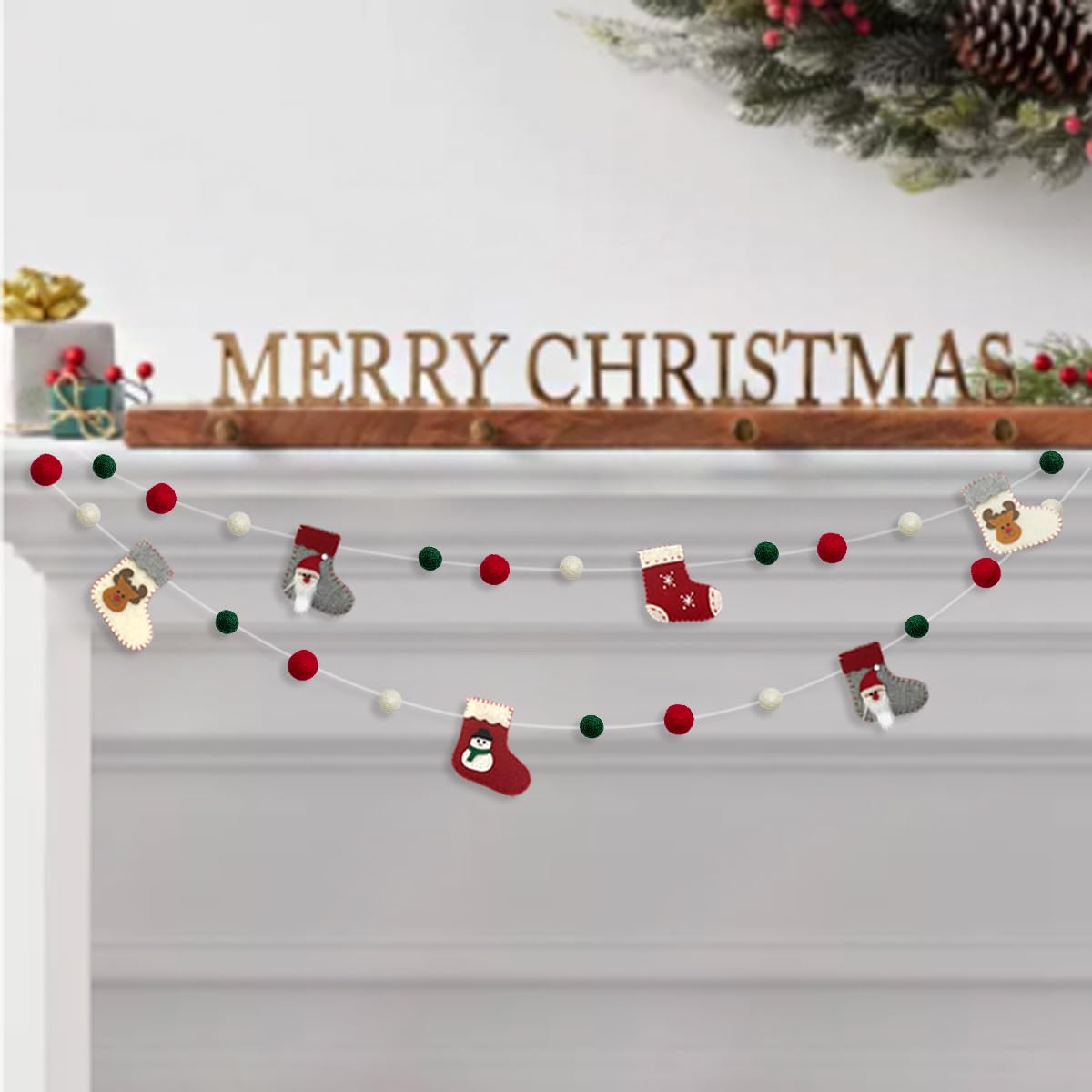 Wool Felt Christmas Decorations Clearance Garland Christmas Stockings Boots Banner Red Green White Felt Balls Pom Pom Garland Bunting for Xmas Tree Wall Home Fireplace Windows Party Decor Supplies