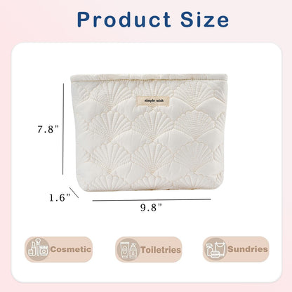 RSRSLEII Quilted Cotton Coquette Makeup bag, Coastal Granddaughter Aesthetic Cosmetic Bag, Cute Seashell Portable Travel Toiletry Pouch (01White)