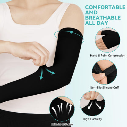 Lymphedema Compression Arm Sleeves for Women Men with Gauntlet, 20-30 mmHg Graduated Compression Full Arm Support for Arthritis, Bursitis, Edema (Single)