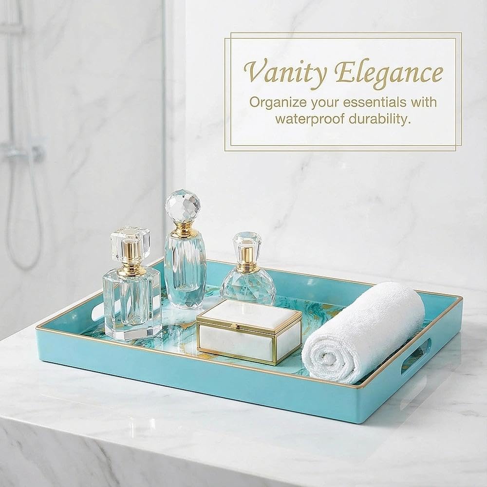 Zosenley Decorative Tray, Marbling Plastic Tray with Handles, Rectangular Vanity Tray and Serving Tray for Bathroom, Kitchen, Ottoman and Coffee Table, 15.6" x 10.2" (Golden Blue)
