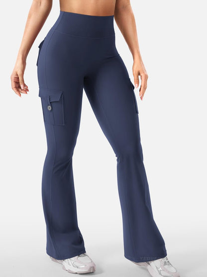YEOREO CoreFlex Women Workout Flare Leggings with Pockets Hidden Scrunch High Waisted Cargo Gym Yoga Leggings Navy L