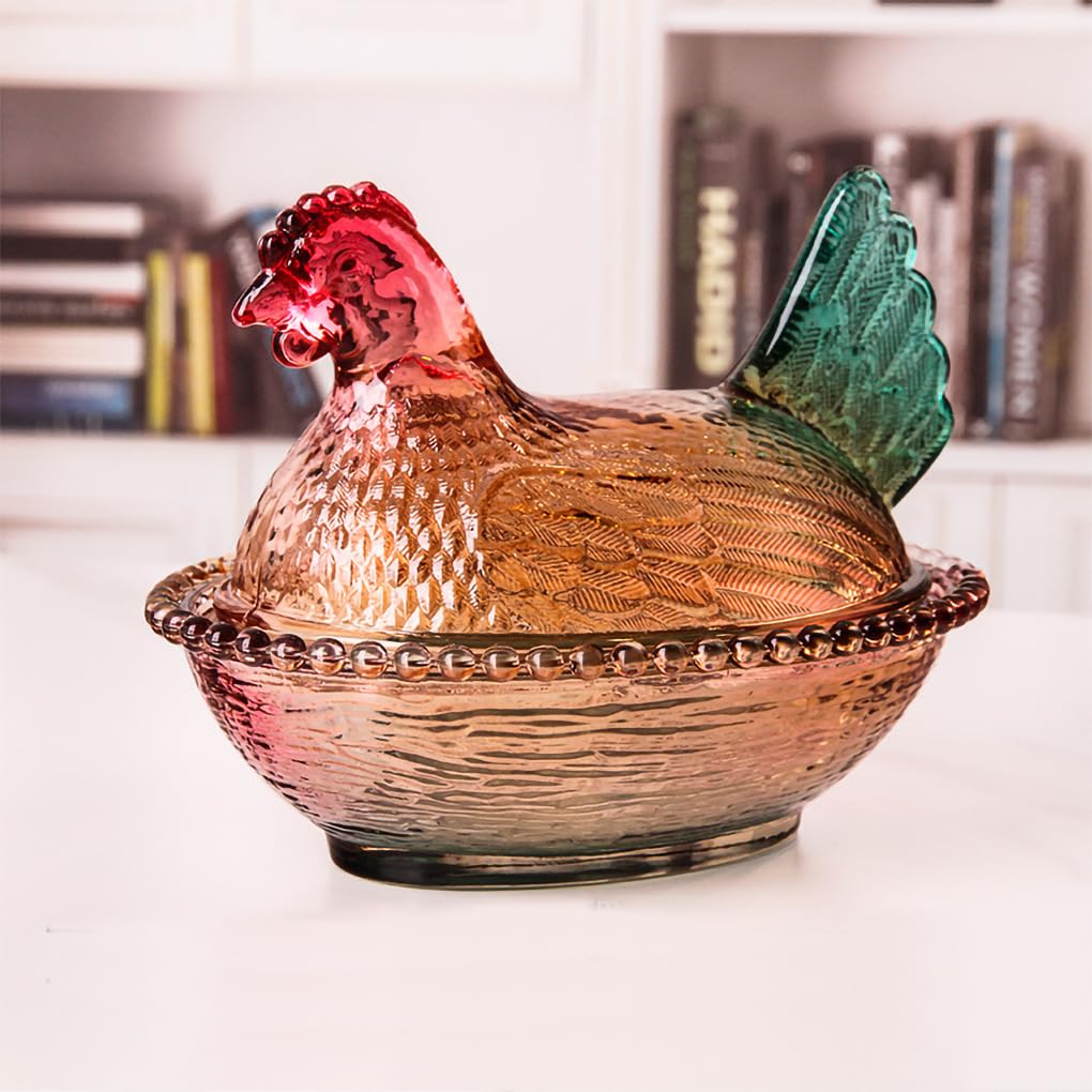 WAIT FLY Chicken Shape Glass Candy Dish with Lid Cookie Jar Candy Jar-Brown