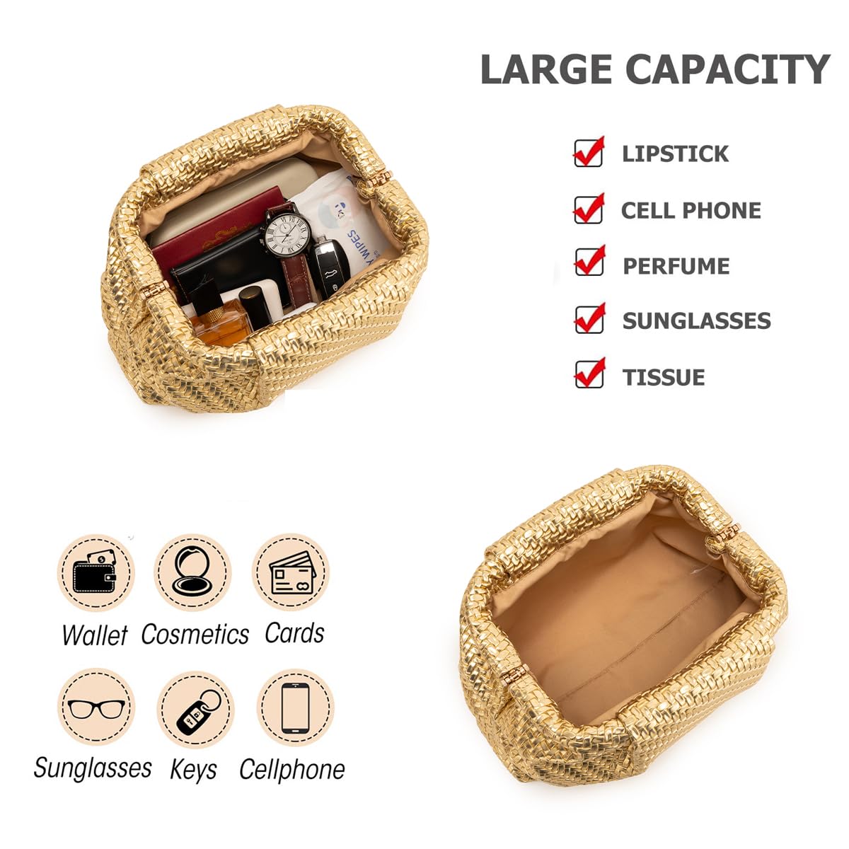 PHILOMENA Women's Woven Evening Bag Vegan Leather Clutch Purse Dumpling Ruched Bag Party Wedding Elegant Handbags (Gold Woven)