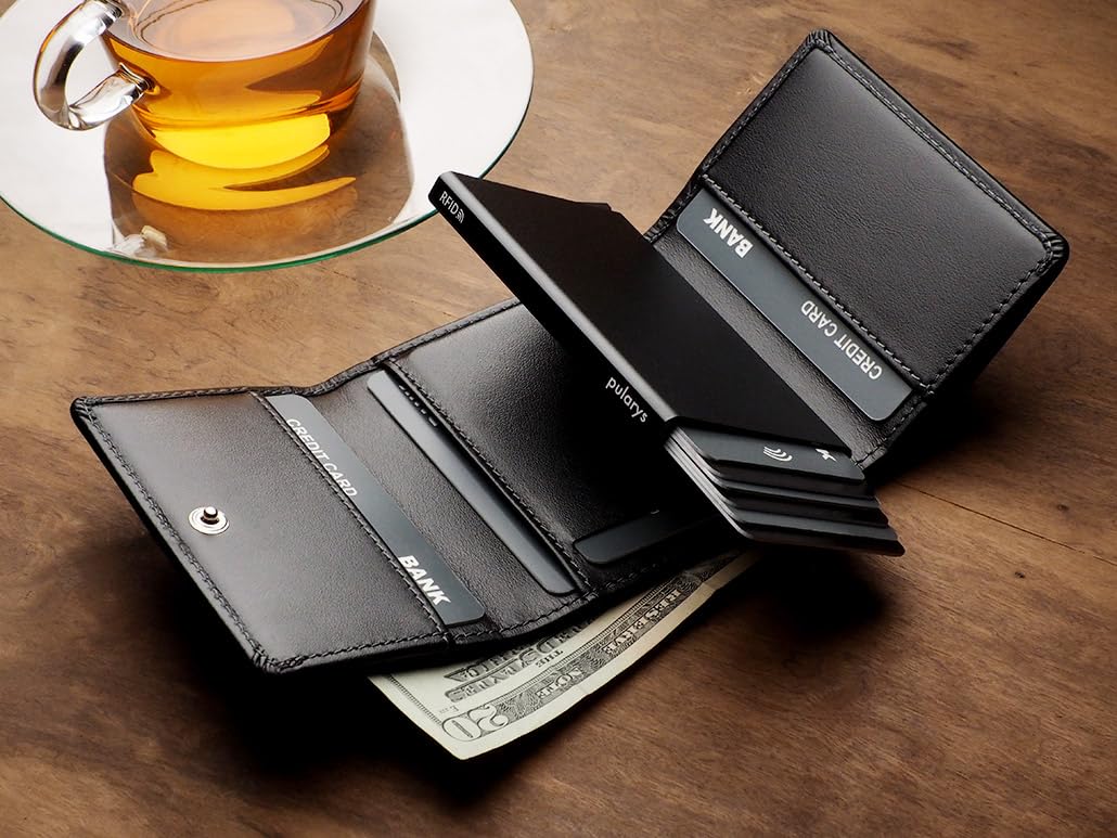 PULARYS Mini Wallet BOSTON - Multifunckion Credit Card Case - Italian Leather - RFID blocking - Size: 7.5 x 9.5 x 2.5 cm - Space for up to 10 Cards - Snap Fastener - Classic Design