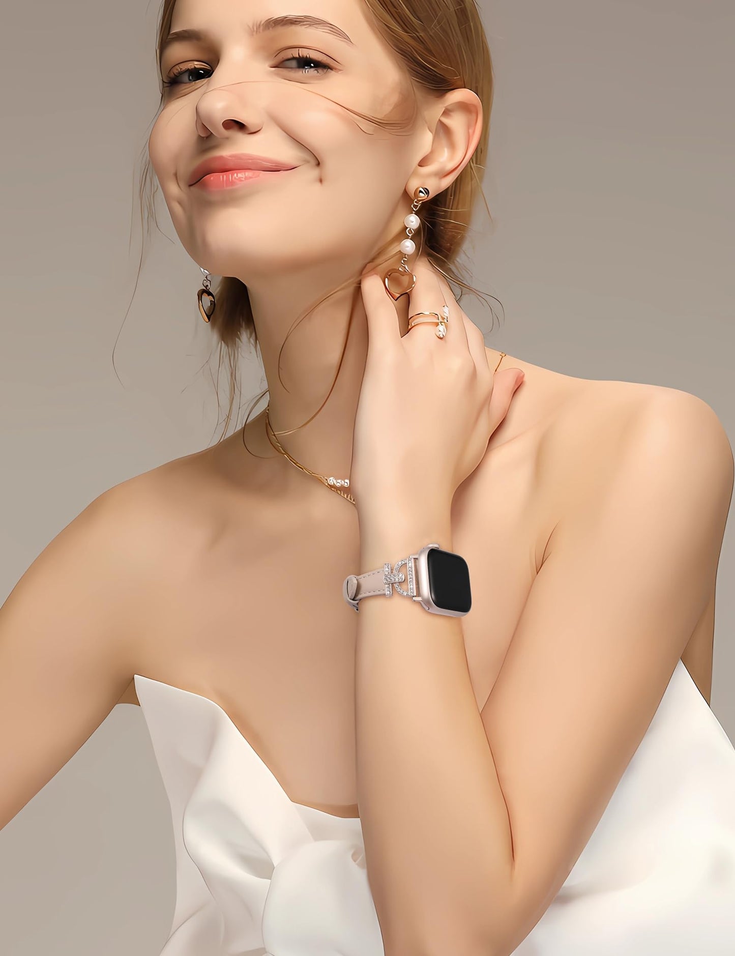 TOYOUTHS Leather Band Compatible with Apple Watch Band Women 42/41/40/38mm Dressy Slim Thin Strap with D-Shaped Diamond Metal Buckle Bracelet for iWatch Series 11 10 9 8 7 6 5 4 SE 3 2 1, Starlight