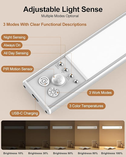 Under Cabinet Lighting, LED Motion Sensor Light Indoor with 3 Color Dimmable, 2000mAh Battery Operated Closet Lights Rechargeable Lamp, Magnetic Under Counter Night Lights Used in Cabinet (12 inches)