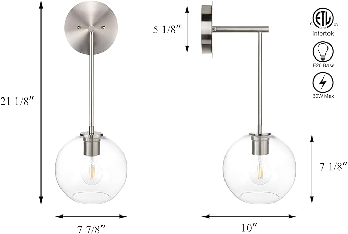 XiNBEi Lighting Globe Wall Sconce, Modern Brushed Nickel Vanity Light, Wall Mounted Hanging Light Fixture for Bathroom, Bedroom, Hallway XB-W1263-BN-1