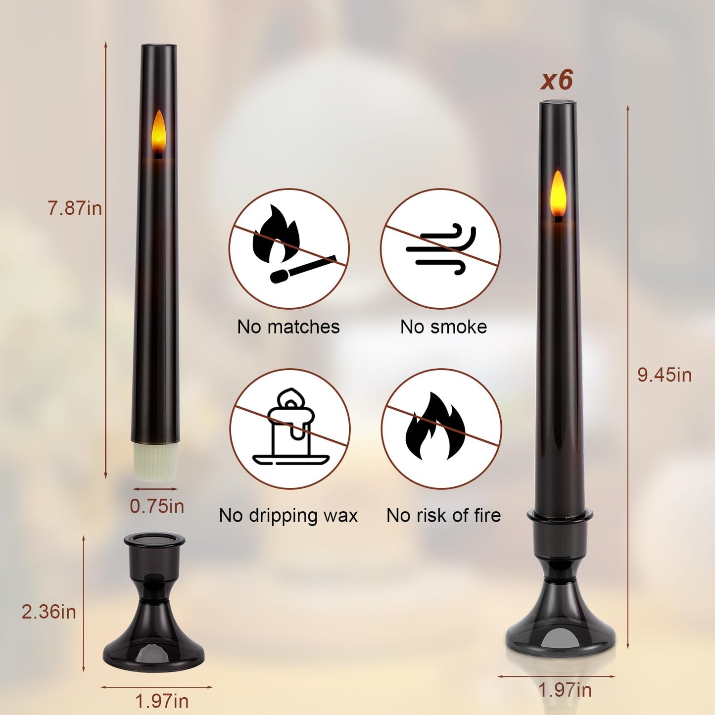 IMAGE Upgraded Flameless Taper Candles, 6-Pack Remote Control Timer Flickering LED Candles, Perfect for Christmas, Home, Wedding, and Party Decor (Grey)