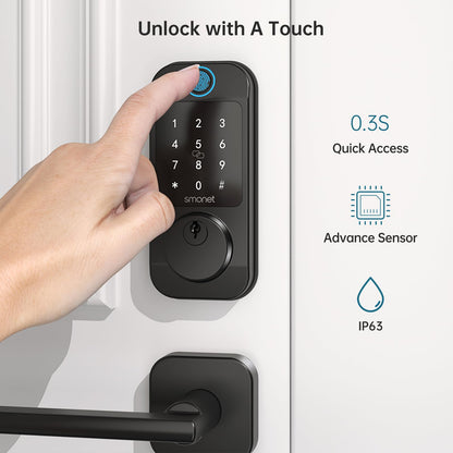 Keyless Door Lock with Handle Set - SMONET WiFi Fingerprint Smart Locks for Front Door, App Remote Control, Digital Bluetooth Keypad Deadbolt Set with Alexa, Auto Lock, Code, Fobs for Home Black