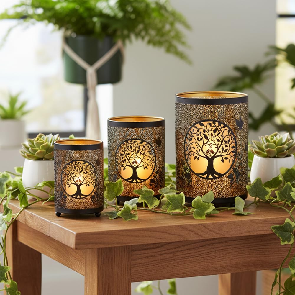 TRIROCKS Tree of Life Candle Lantern 7.5" H Etched Bronze Metal Candle Holder Decorations for Living Room Tabletop Parties Patio Entryway Indoors Outdoors(3PCS)