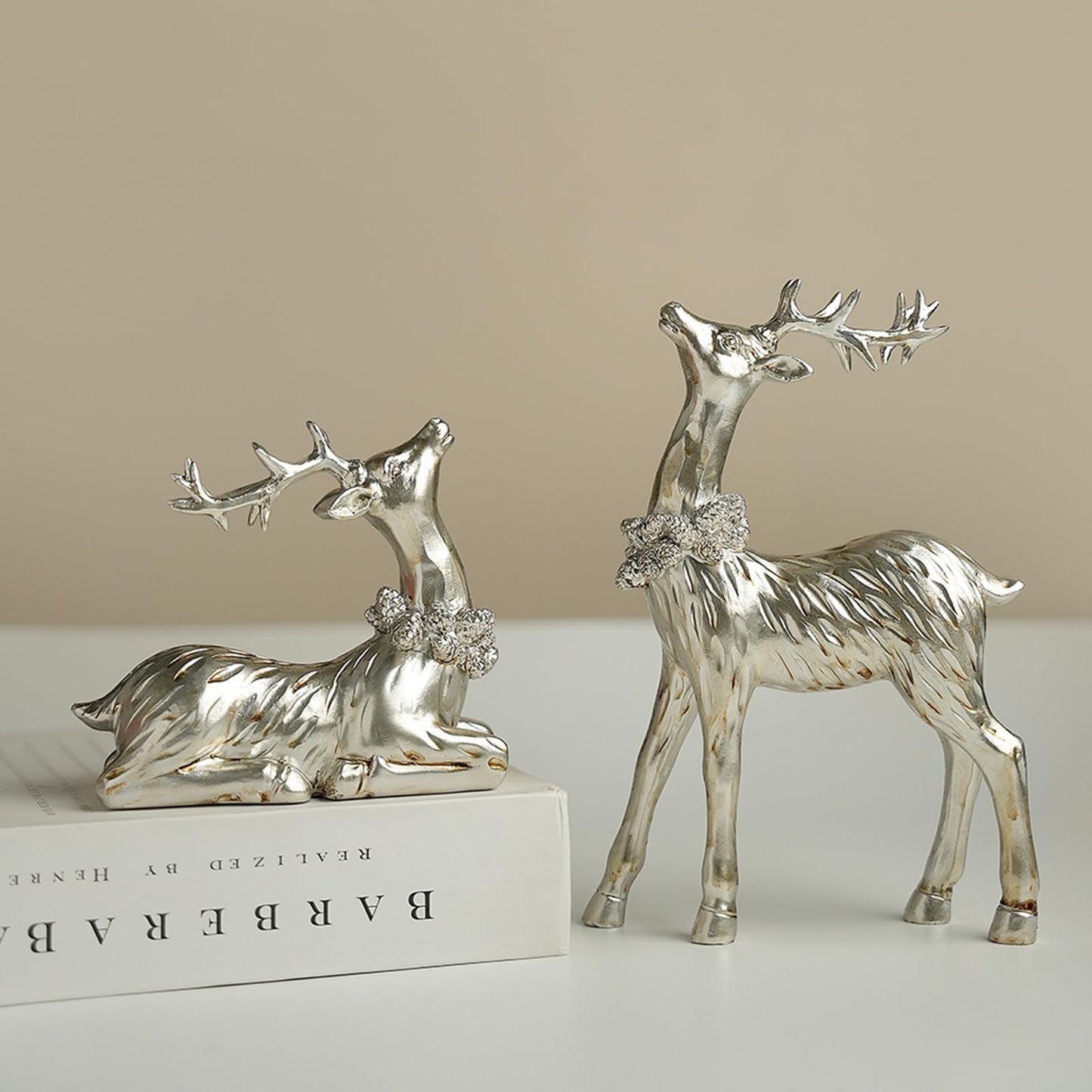 Zensounding 2PCS Christmas Deer Pendant Bedding and Standing Gold Deer Resin Home Decoration Suitable for Fireplace Living Room Dining Table Christmas Decoration (Silvery)
