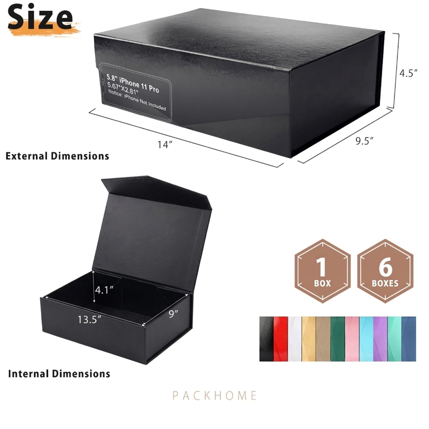 PACKHOME 6 Large Gift Boxes with Lids 13.5x9x4.1 Inches, Sturdy Collapsible Gift Boxes with Magnetic Closure (Glossy Black, Grass Texture)