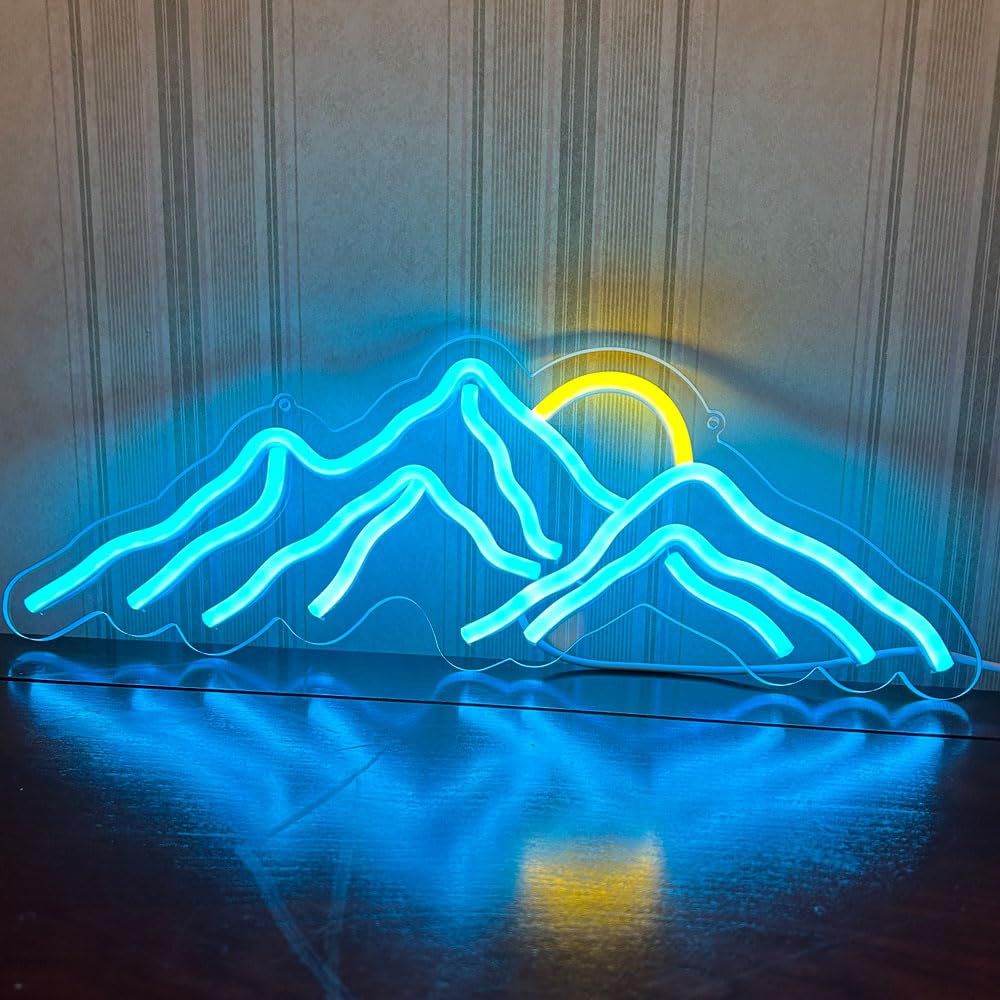 Mountain Sunset Neon Signs for Room Decor LED Signs For Bedroom Wall Neon Lights for Home Party Wedding Christmas Decorations USB Powered(Ice Blue)