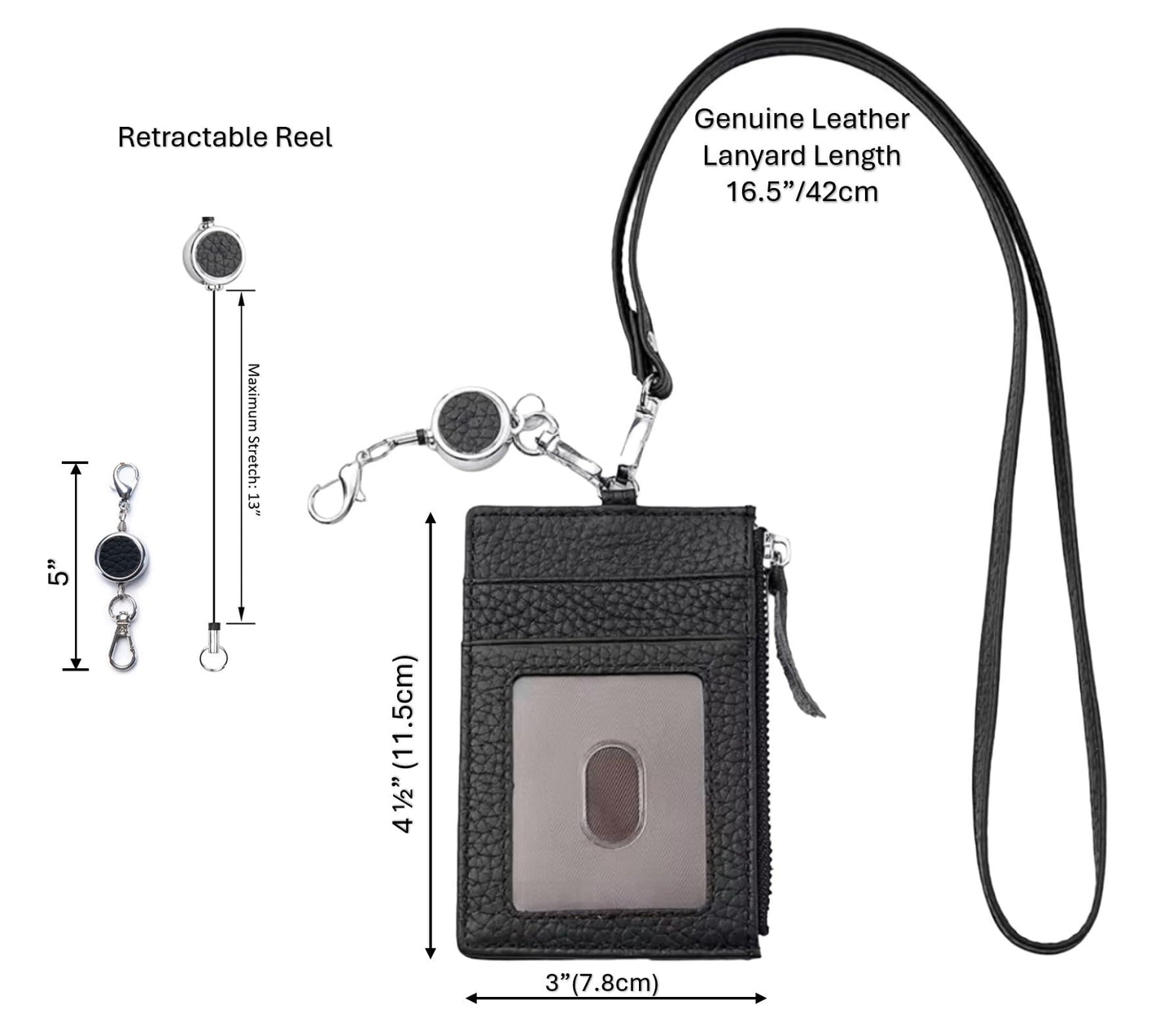 Genuine Real Leather ID Badge Holder with Lanyard & Retractable Reel, Card Holder Silver Metal Hardware Swivel Hook (Light Blue)