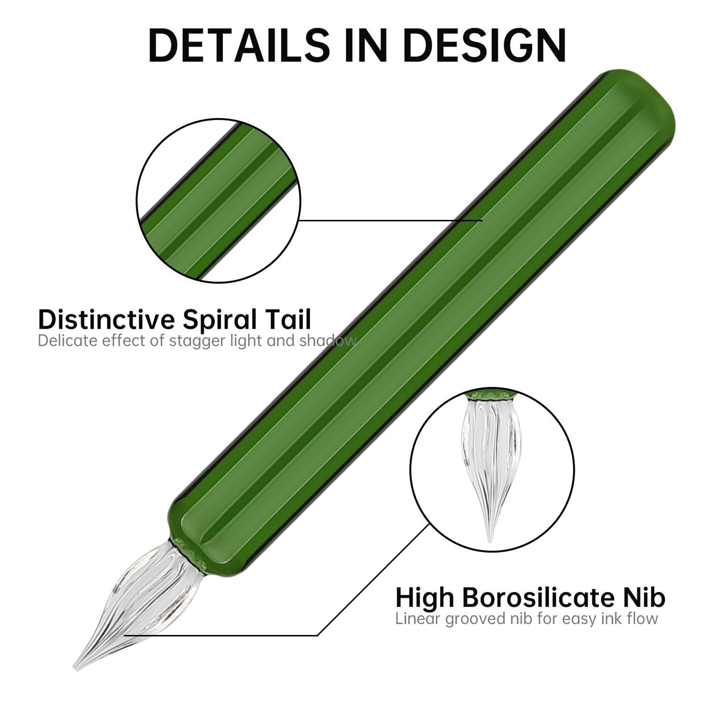 GC QUILL Glass Dip Pen Set,Calligraphy Pen,A Squat Crystal Signature Pen for Art, Writing, Signatures -Decoration and Business Gift (Green)