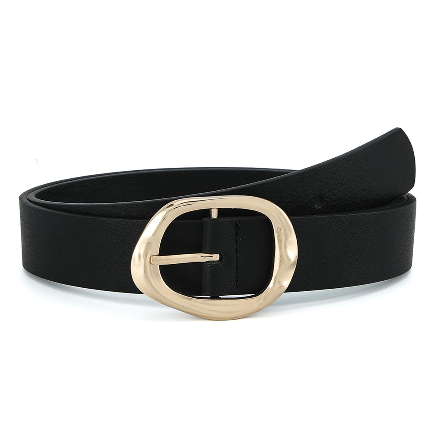 Earnda Black Leather Belts for Women Casual Fashion Waist Belt with Liquid Shapes Gold Buckle for Jeans Pants Dresses 1.18" Width Small